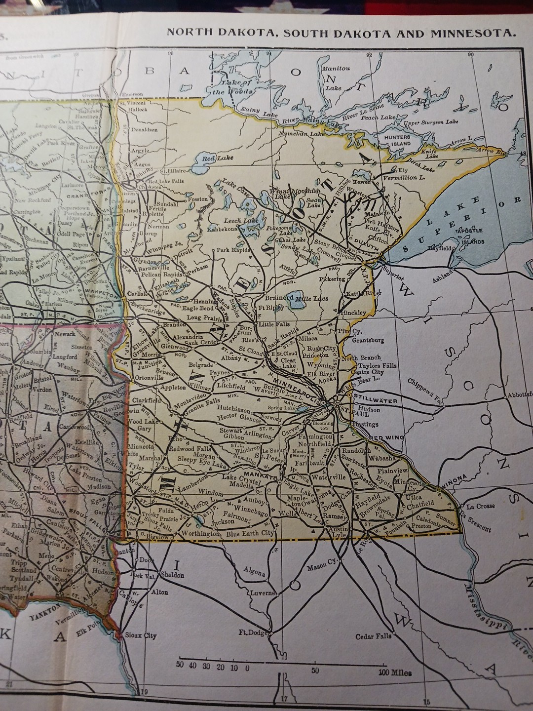 ~1896 Railroad Map Minnesota North South Dakota all Train Routes Stations 9×11″