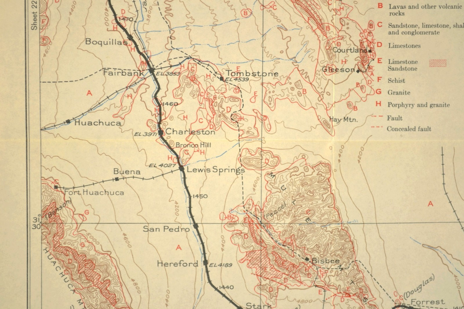 Southern Pacific Railroad Map Douglas Arizona Tombstone Willcox Dragoon Mtns