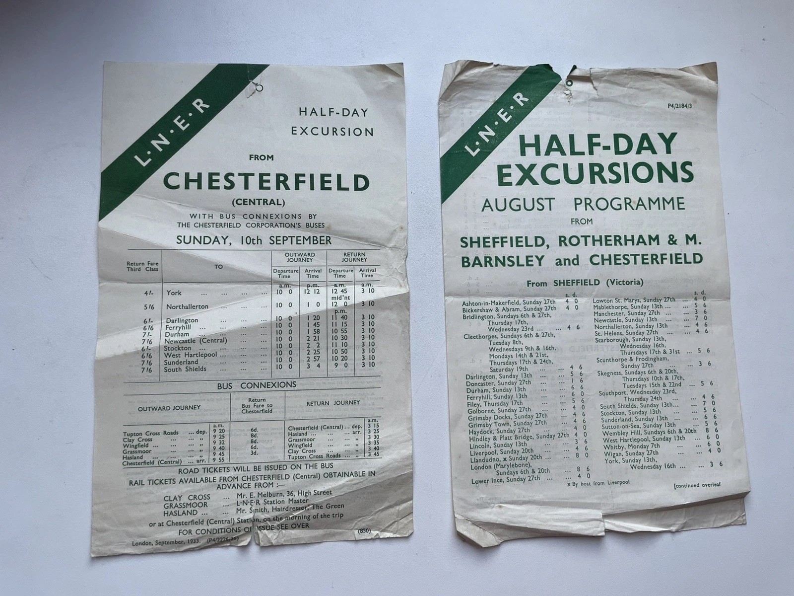 2 x 1930s LNER train timetables for Chesterfield, Sheffield, Barnsley