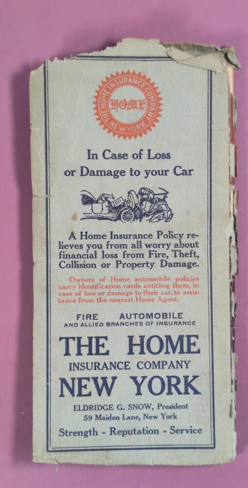 Vintage Hammond’s Auto Route & Distance Map New England Home Insurance Co.