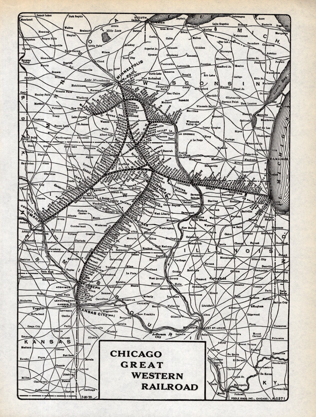1939 Antique Chicago Great Western Railroad Map Vintage Railway Map 2548