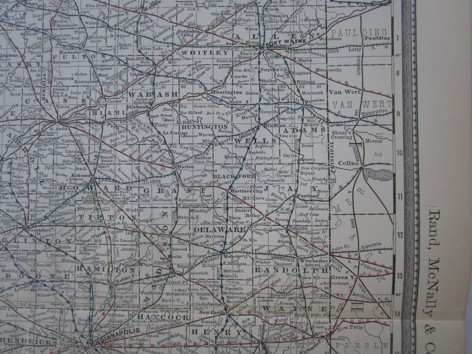 IN Antique DATED 1887 INDIANA RAILROAD Map. McNally Business