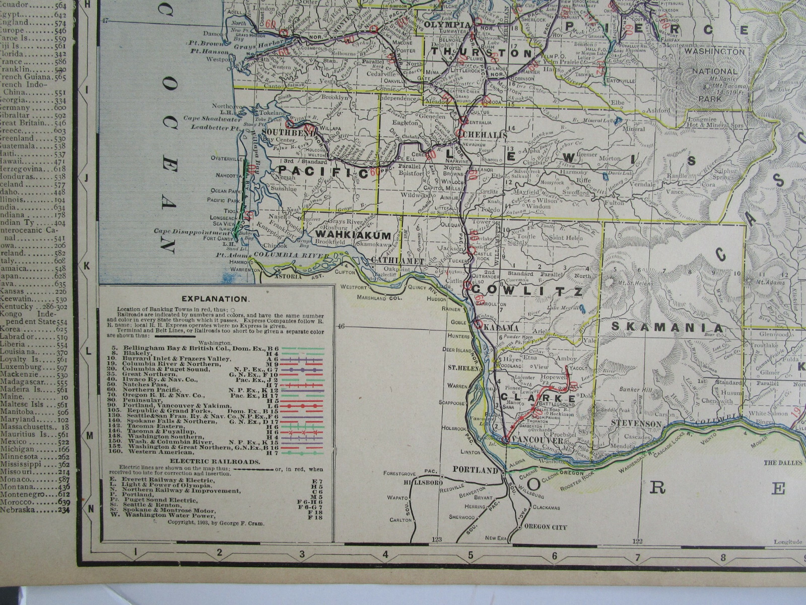 WA 1903 WASHINGTON State STEAM / INTERURBAN ELECTRIC RAILROAD / STEAMSHIP Map