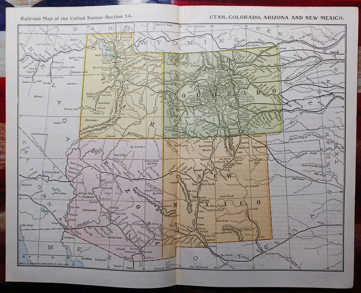 1897 Train Route Map ARIZONA Colorado UTAH New Mexico all Railroad Lines 9×11″