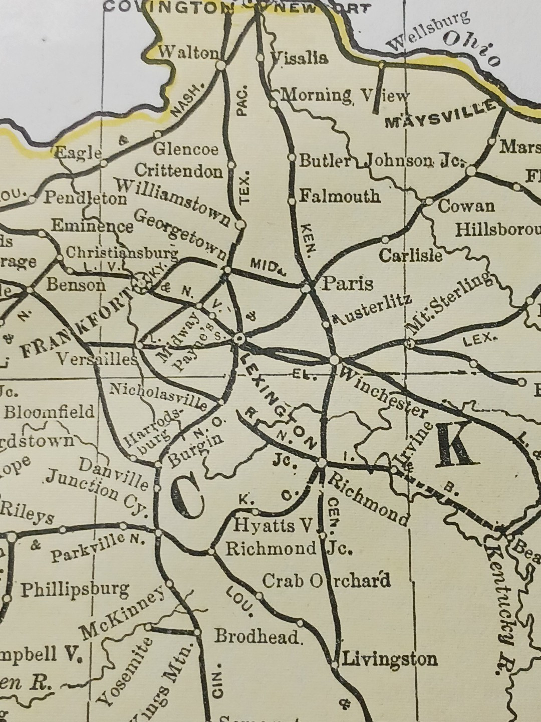 1897 Train Route Map KENTUCKY & TENNESSEE all Railroad Lines stations 9×11 TN KY