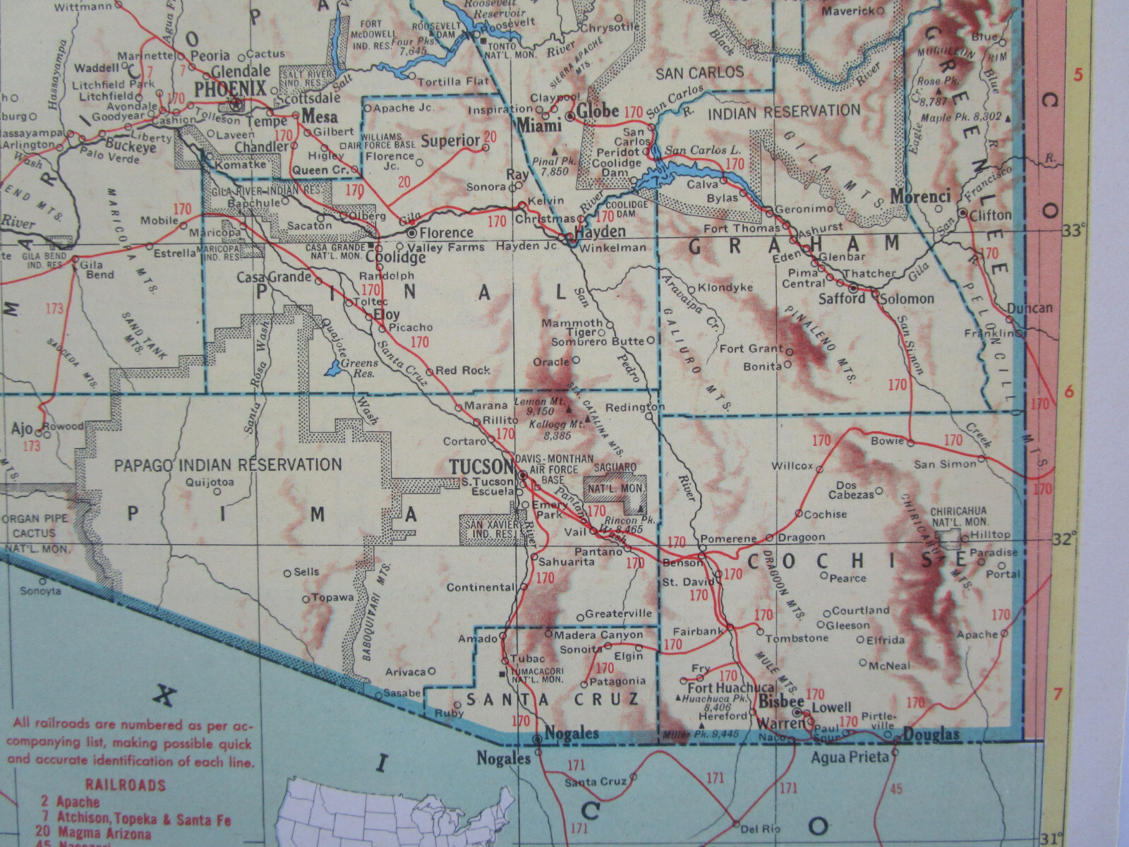 AL AZ Vintage 1952 ALABAMA RAILROAD Map. CHATTAHOOCHEE VALLEY RR or ARIZONA
