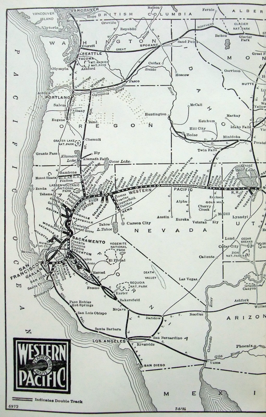 Western Pacific Railroad – Original 1941 System Map. Vintage Raiway