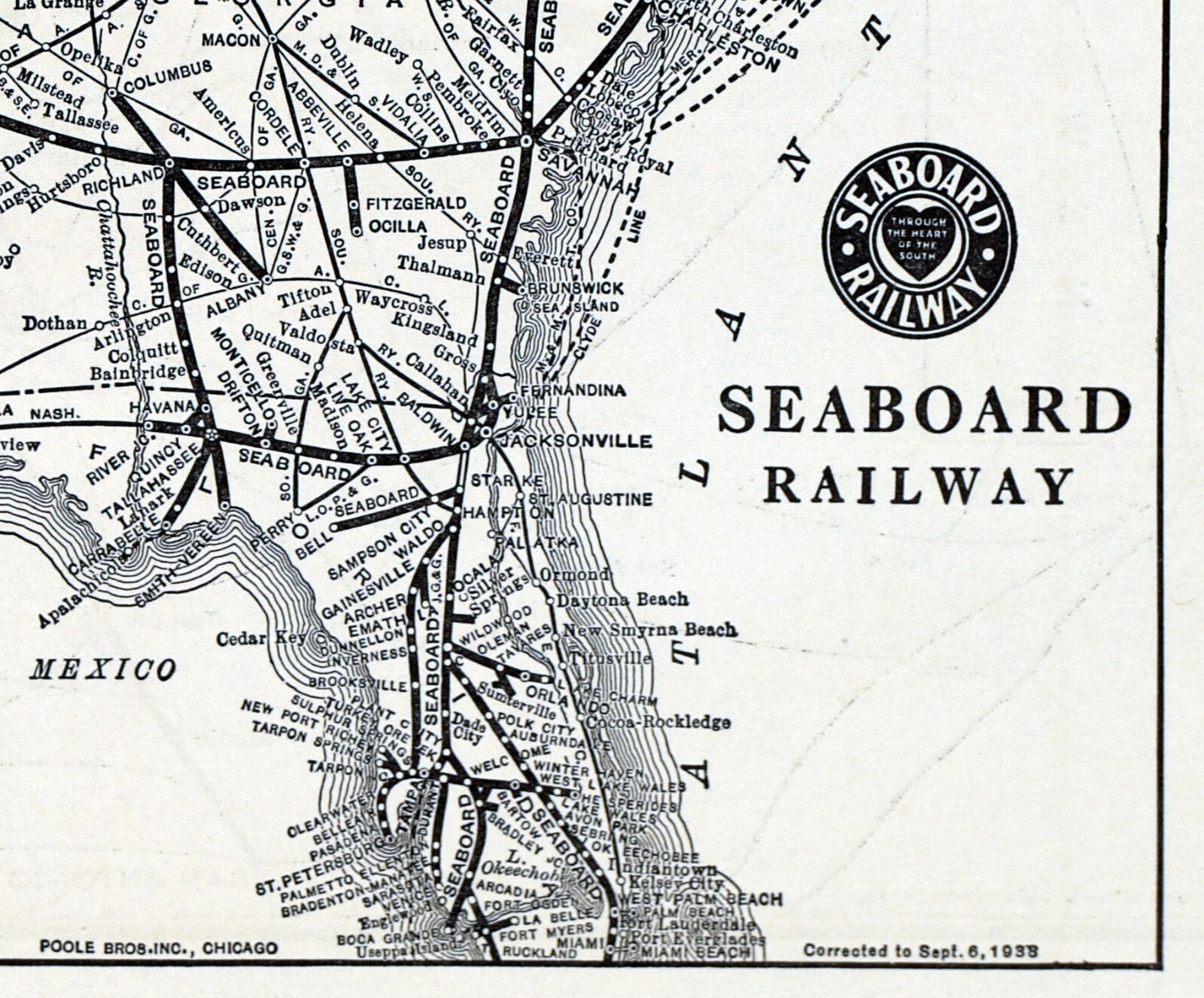 1938 Poole Bros Railroad Map Seaboard Railway Richmond Columbia Savannah Miami