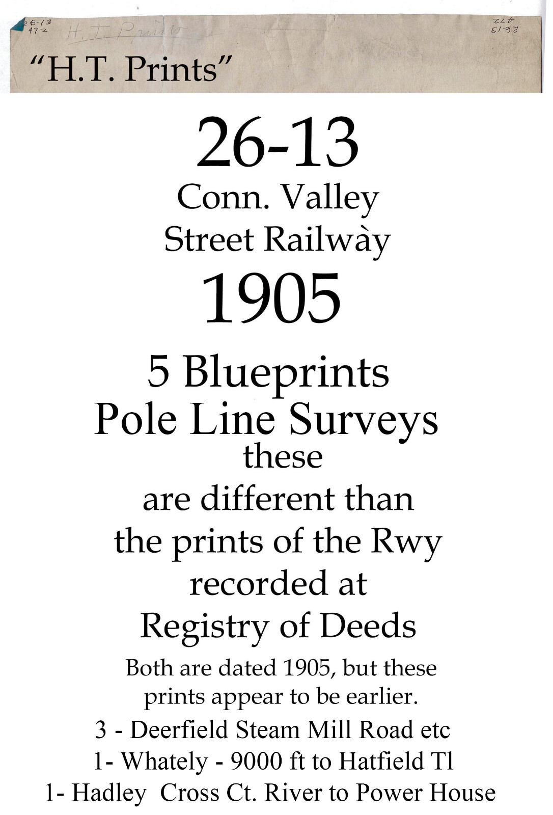 1905 Blueprints Street Railway Pole Line Deerfield, Whately Hadley Mass eb-252