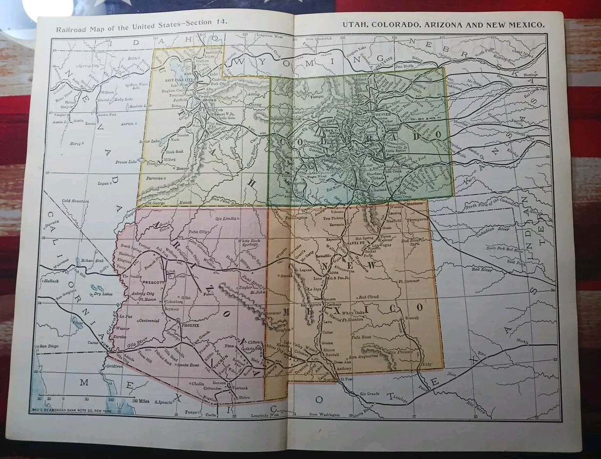 1895 Antique Train Route Map Utah Arizona Colorado NM All Railroad Lines 11″×9″