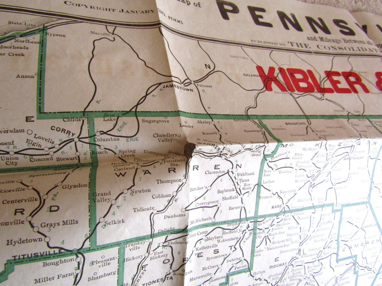 Railroad Distance Map of Pennsylvania Jan 26, 1906 Large 40″ x 27″ Erie, PA