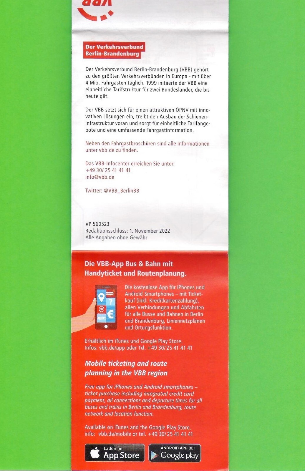VBB Berlin Brandenburg – Pocket Size Railway Route Map – Germany – Dec 2022