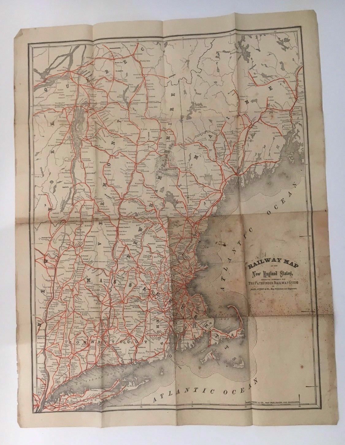 Railway Map NE States Pathfinder Railway Engraved Map c: 1870s/1880s Rand Avery