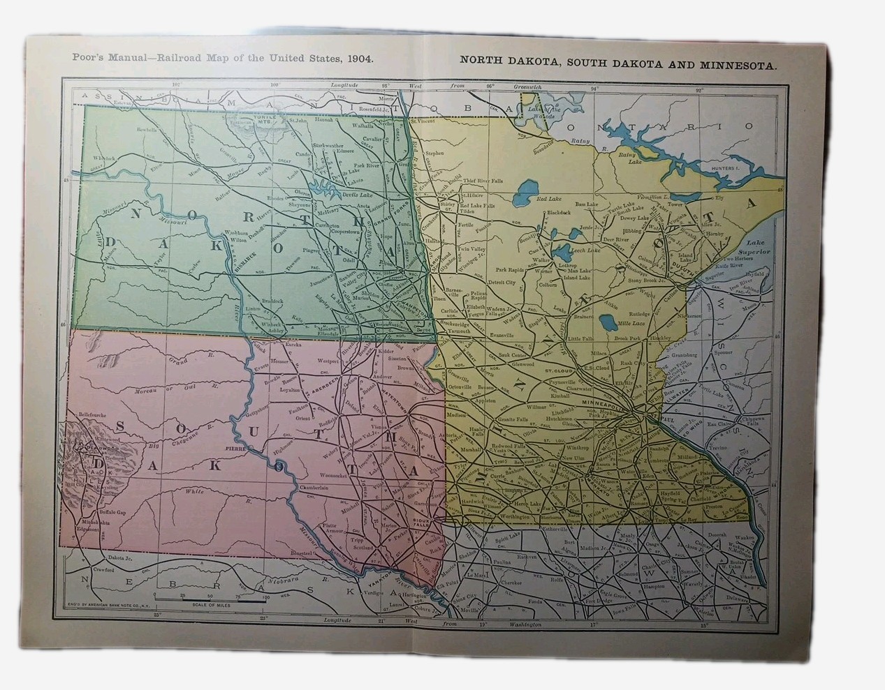 ~1904 Railroad Map MINNESOTA North South DAKOTA All railway Routes Depots 11×9″