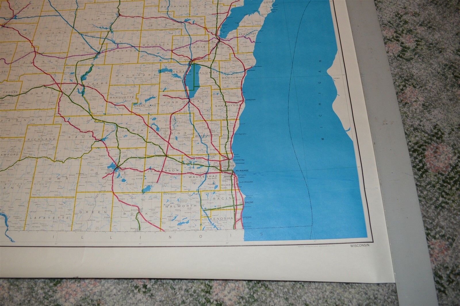 Large 1973 Burlington Northern Railroad Wisconsin Map Poster NO FOLDS