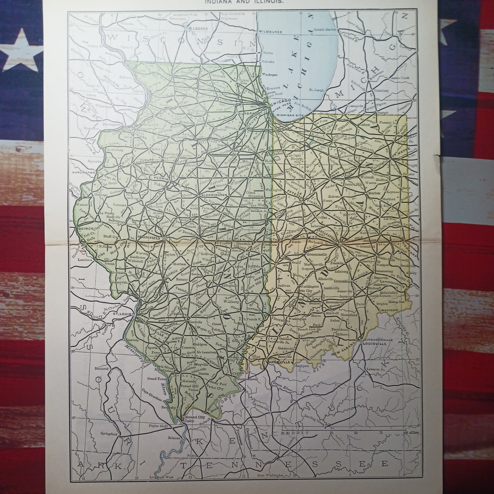 1891 antique Railroad Map Illinois & Indiana all Railway lines Depots & routes