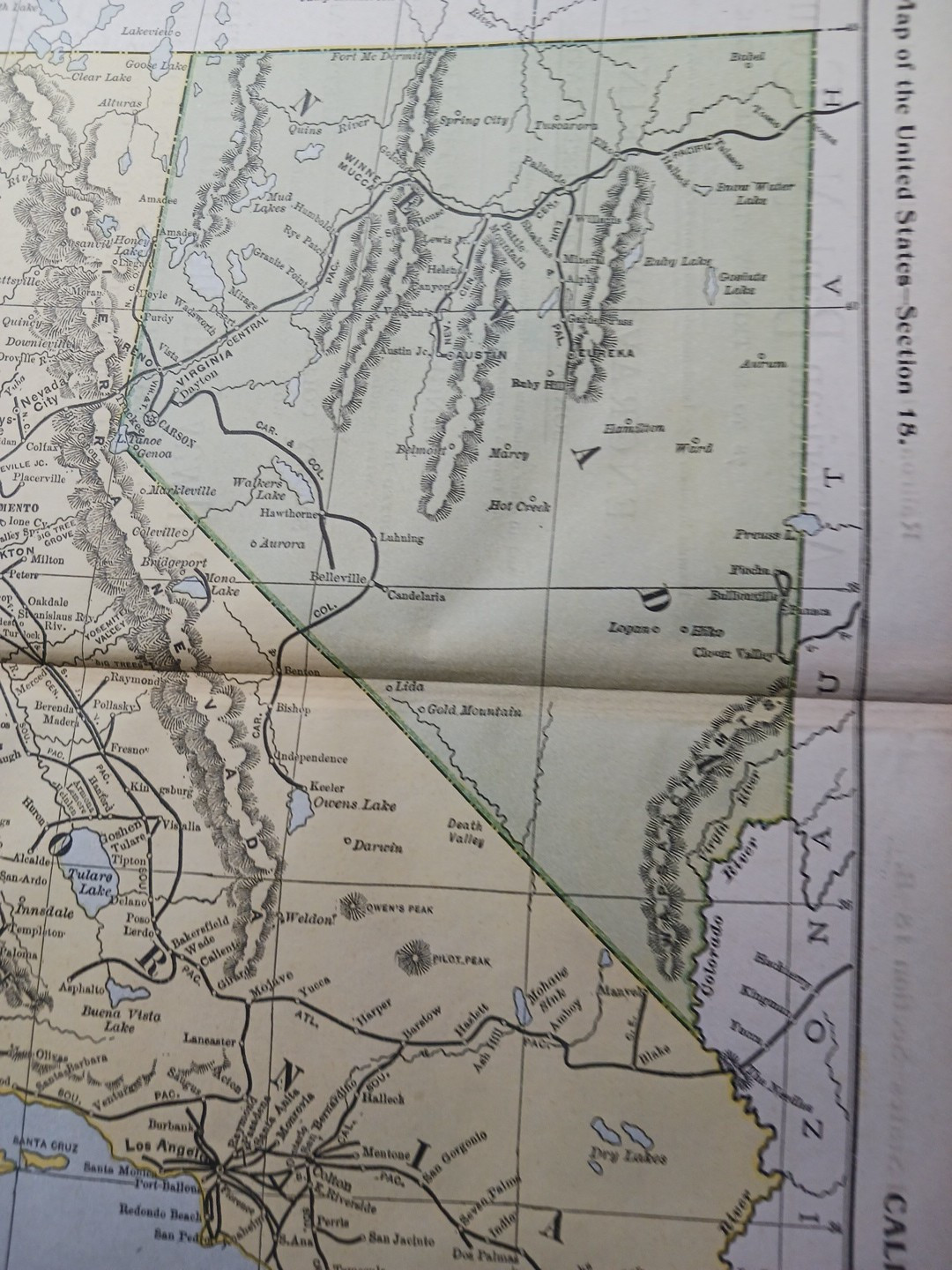 1897 Train Route Map CALIFORNIA & NEVADA all Railroad Lines Stations Towns 9×11″