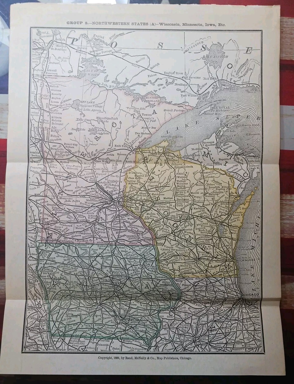 Dated 1886 Train Route Map Wisconsin Minnesota Iowa All Railroad Lines 9″x12″