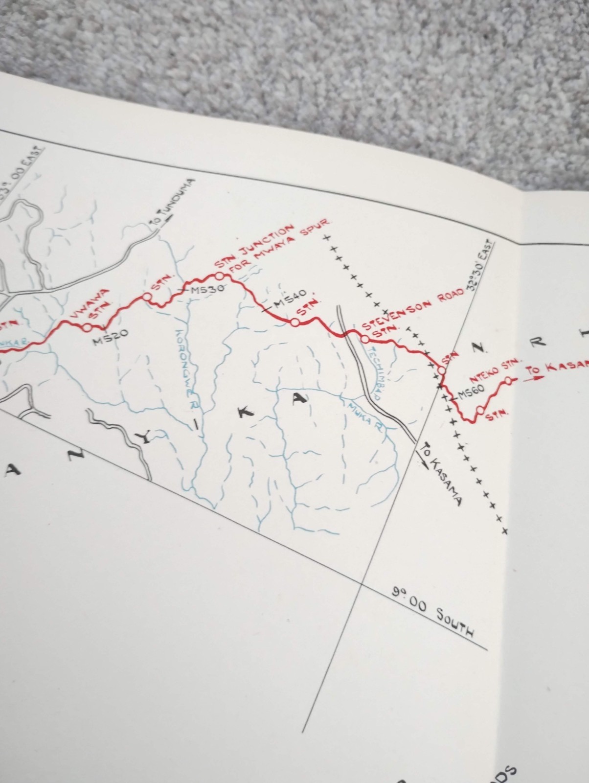 1952 Original East African Railways Map of Route: Mashombo to Nteko (Tanzania)