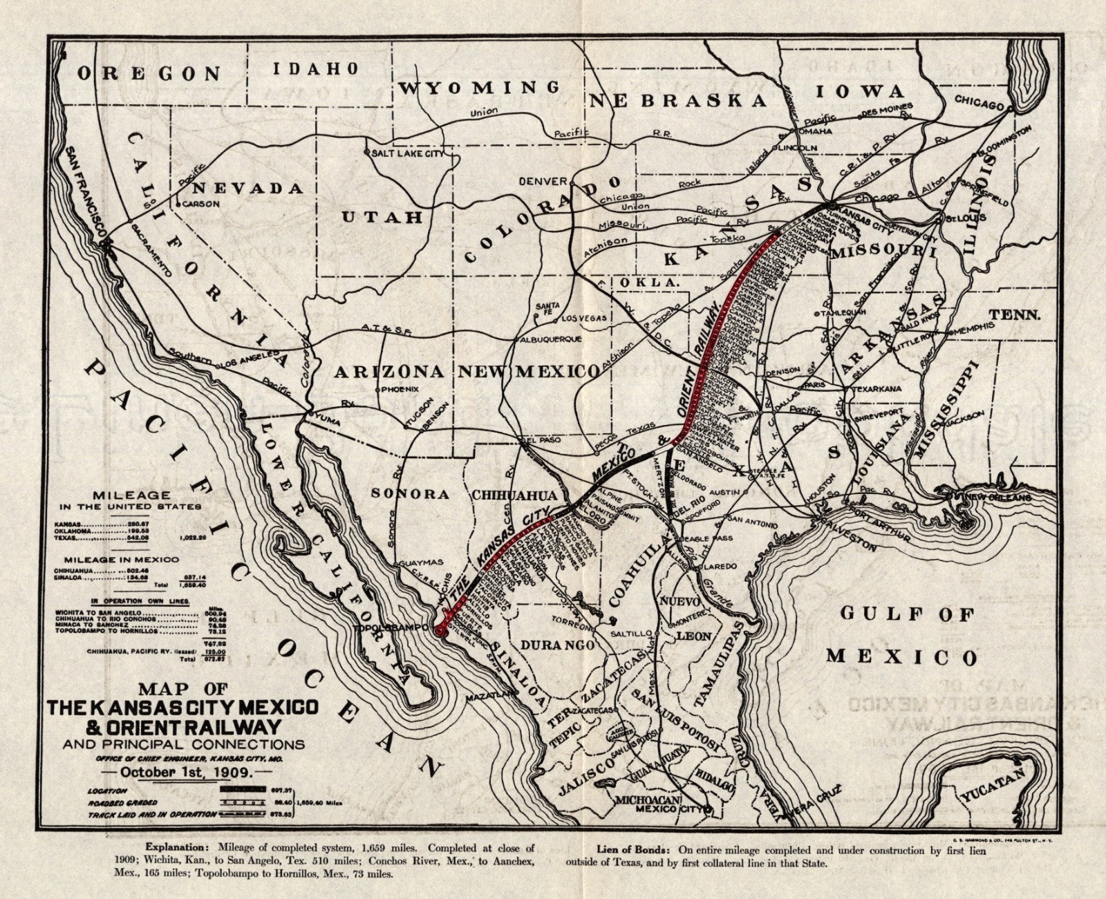 1909 Antique Kansas City Mexico & Orient Railway Map Mileage 2654