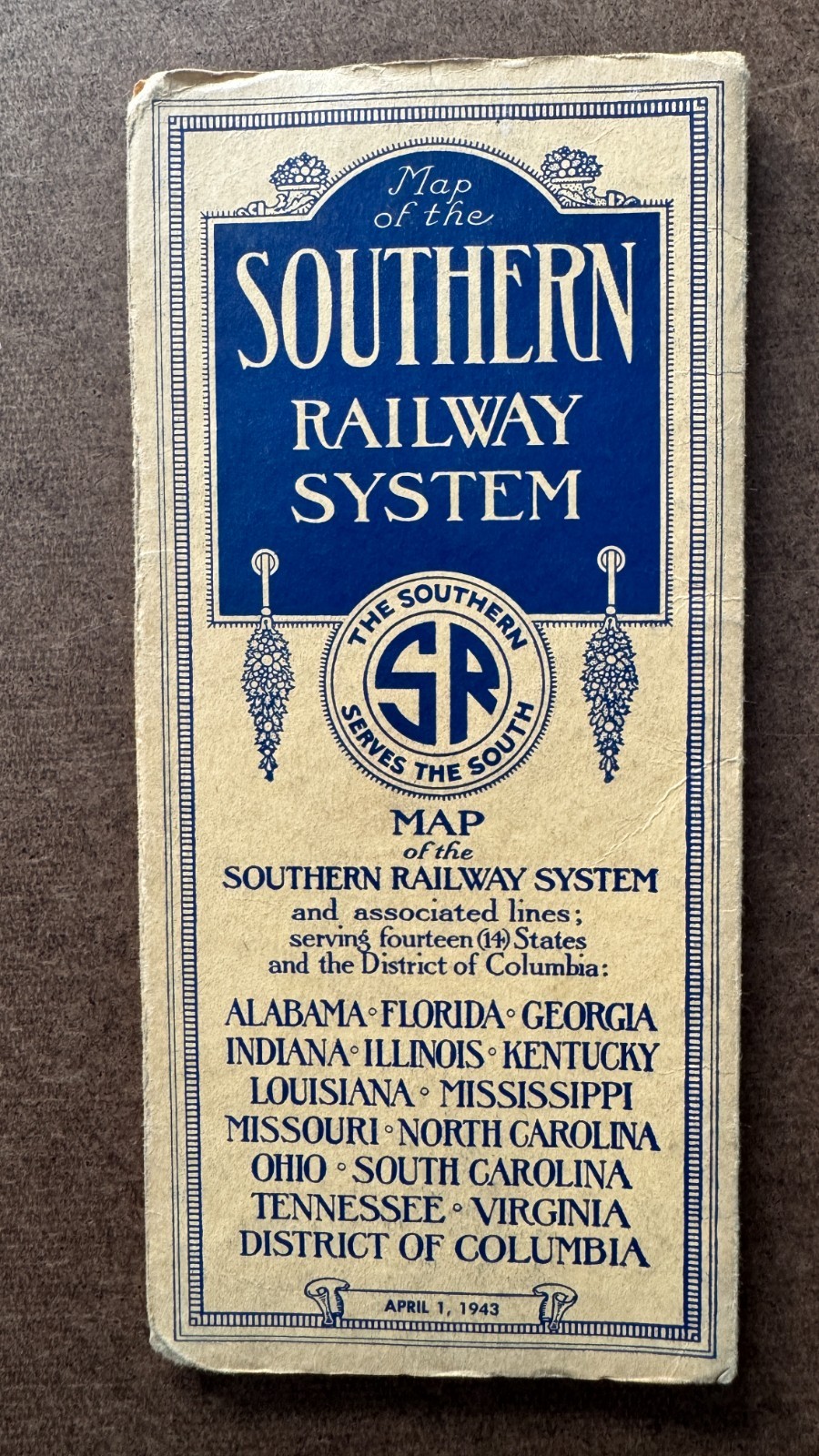 Vintage April 1943 Map of the Southern Railway System Railroad RR Train