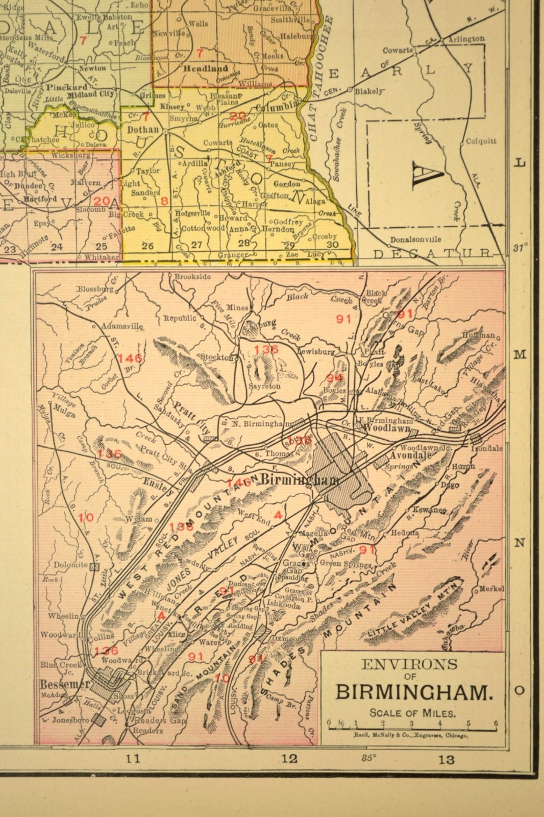 1911 Antique Alabama Railroad Map ORIGINAL Atlas Map Southern Railway DATED