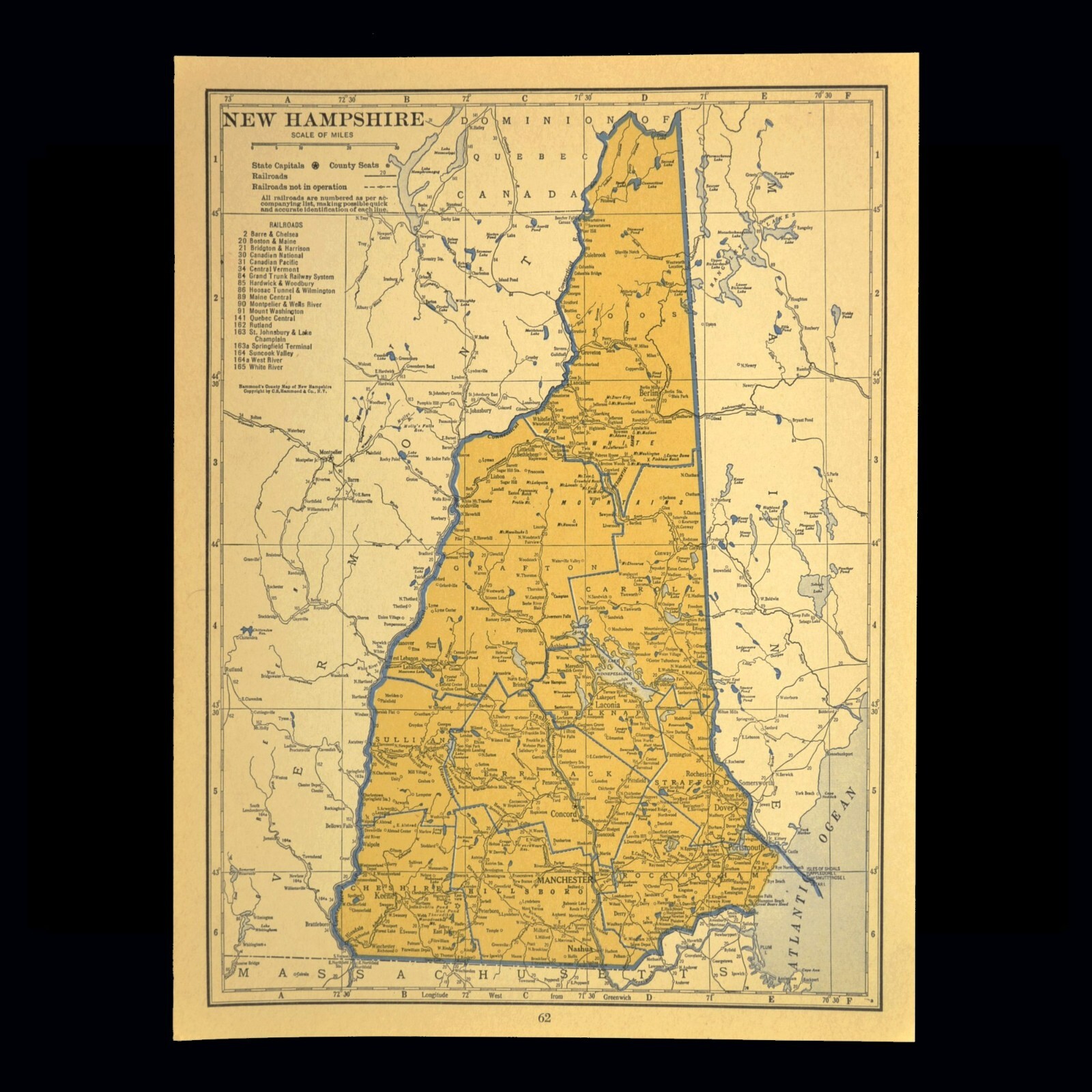ca1939 NEW HAMPSHIRE Railroad Map Original Atlas Map Depot Towns BM RR Historic