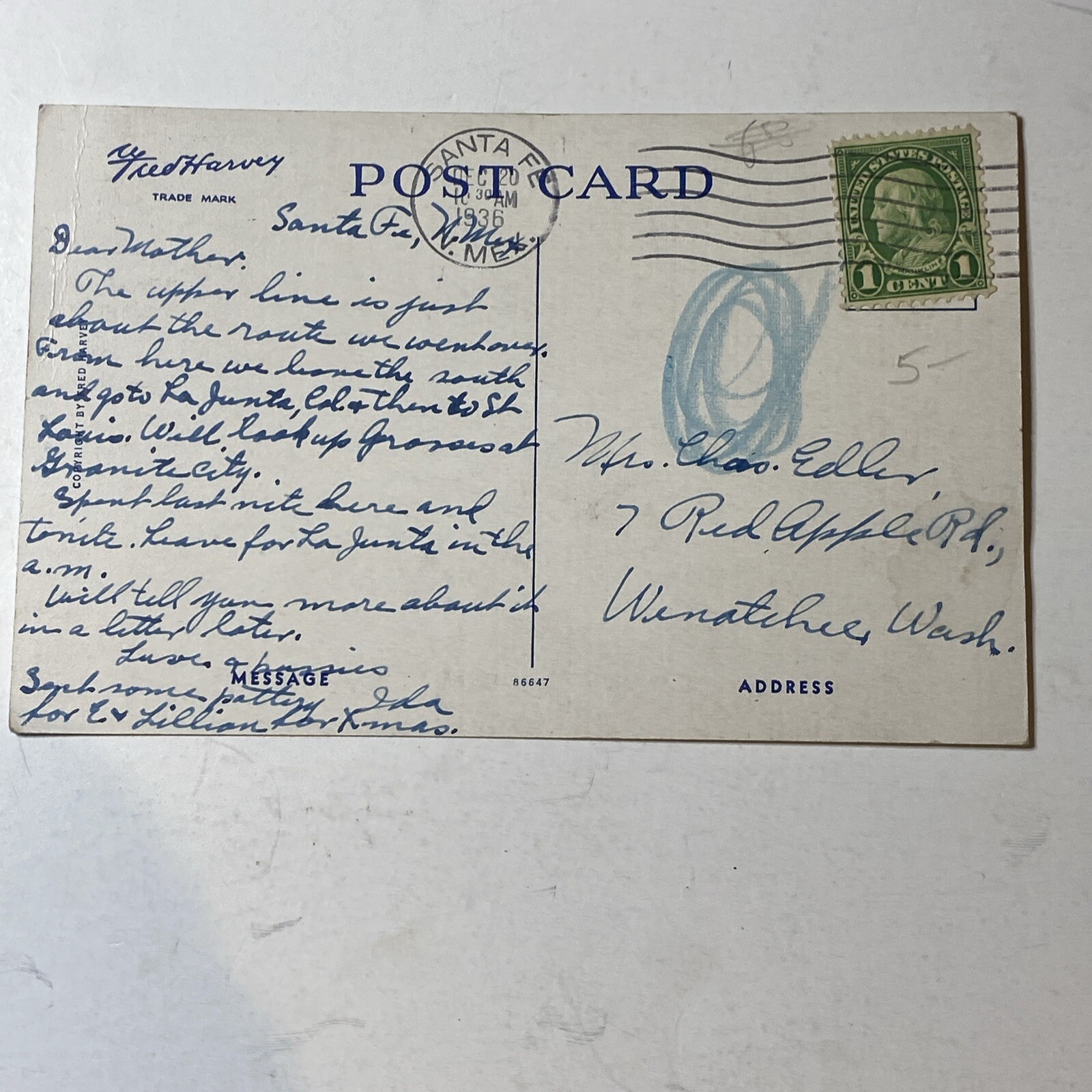 Santa Fe Railroad Map Post Card Great Lakes To Pacific 1936 Stamped