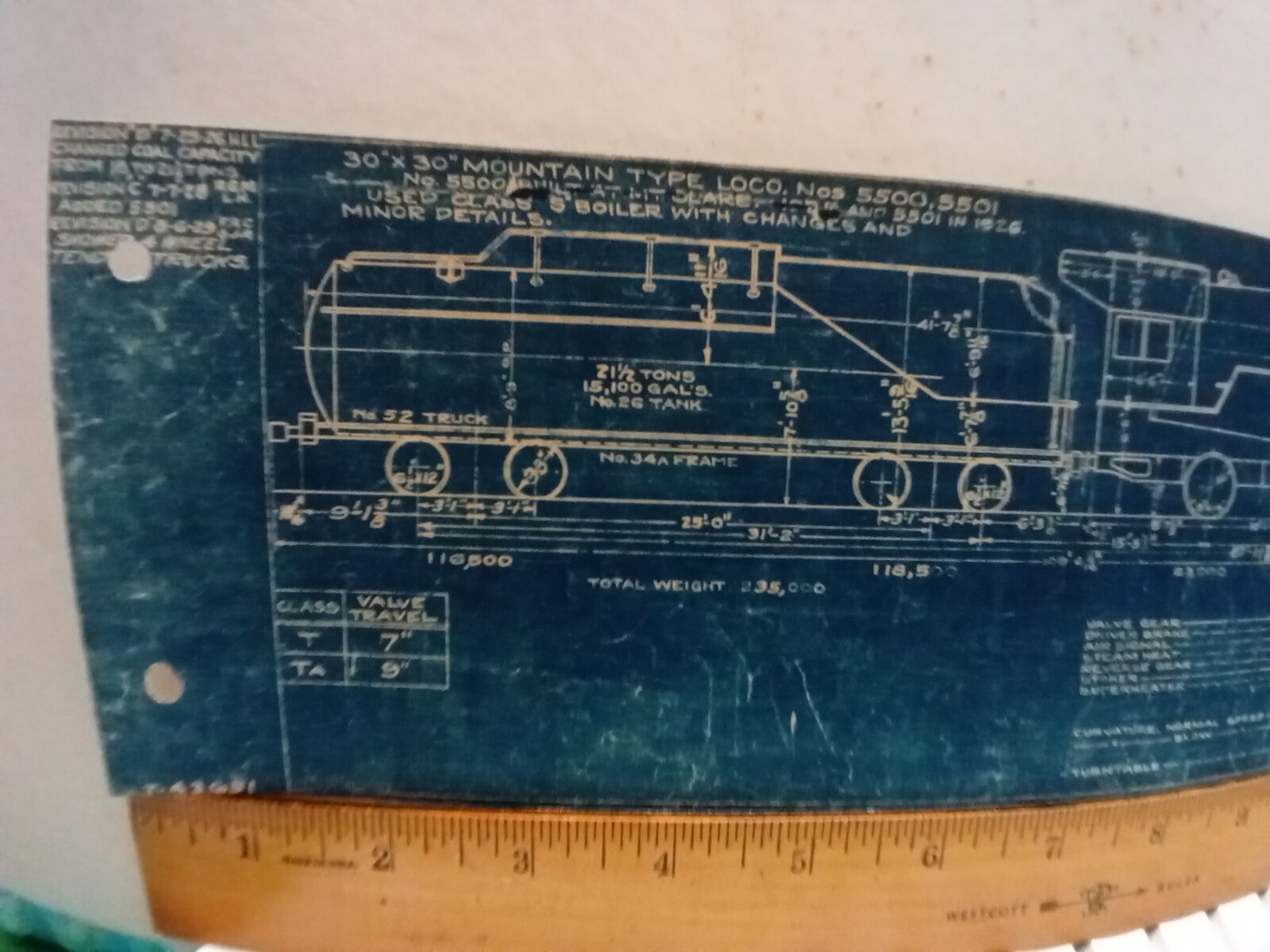 BALTIMORE & OHIO RAILROAD ORIG BLUEPRINT DIAGRAM CLASS T 4-8-2 LOCOMOTIVE #5501+
