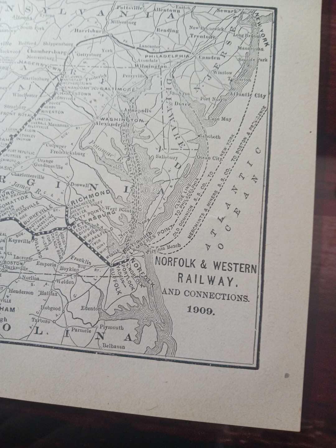 ~1910 Antique Railroad Map NORFOLK & WESTERN RAILWAY all Train Route connections