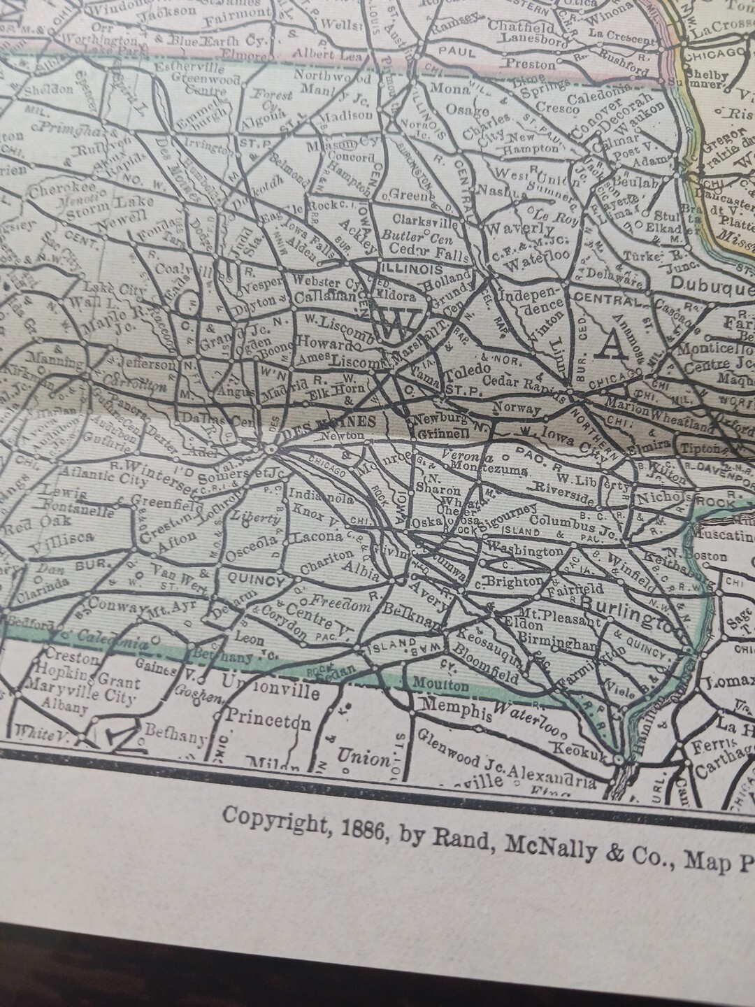 Dated 1886 Train Route Map Wisconsin Minnesota Iowa All Railroad Lines 9″x12″