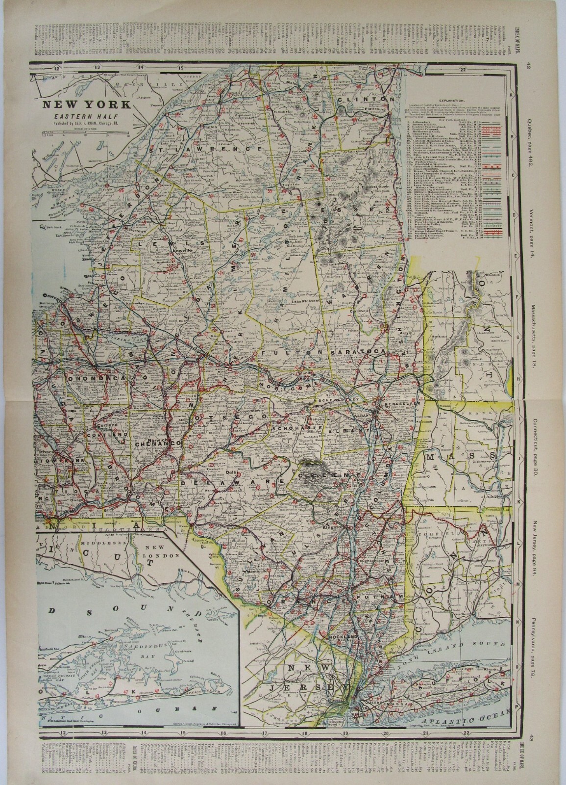 NY 1903 EASTERN NEW YORK Cram RAILROAD Map COOPERSTOWN & CHARLOTTE VALLEY RR