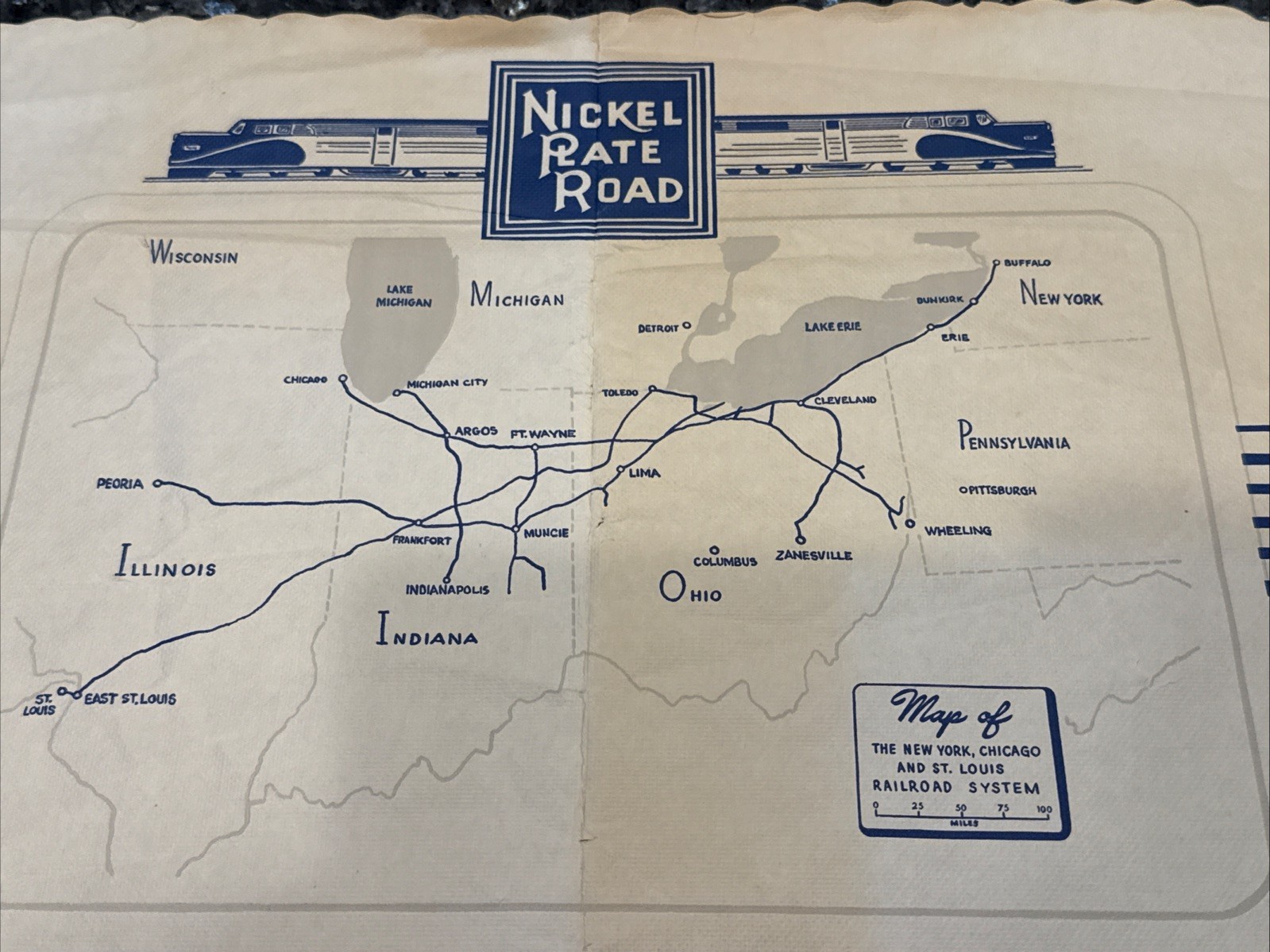 Vintage Nickel Plate Road Railroad System Map Placemat Collectible 1957