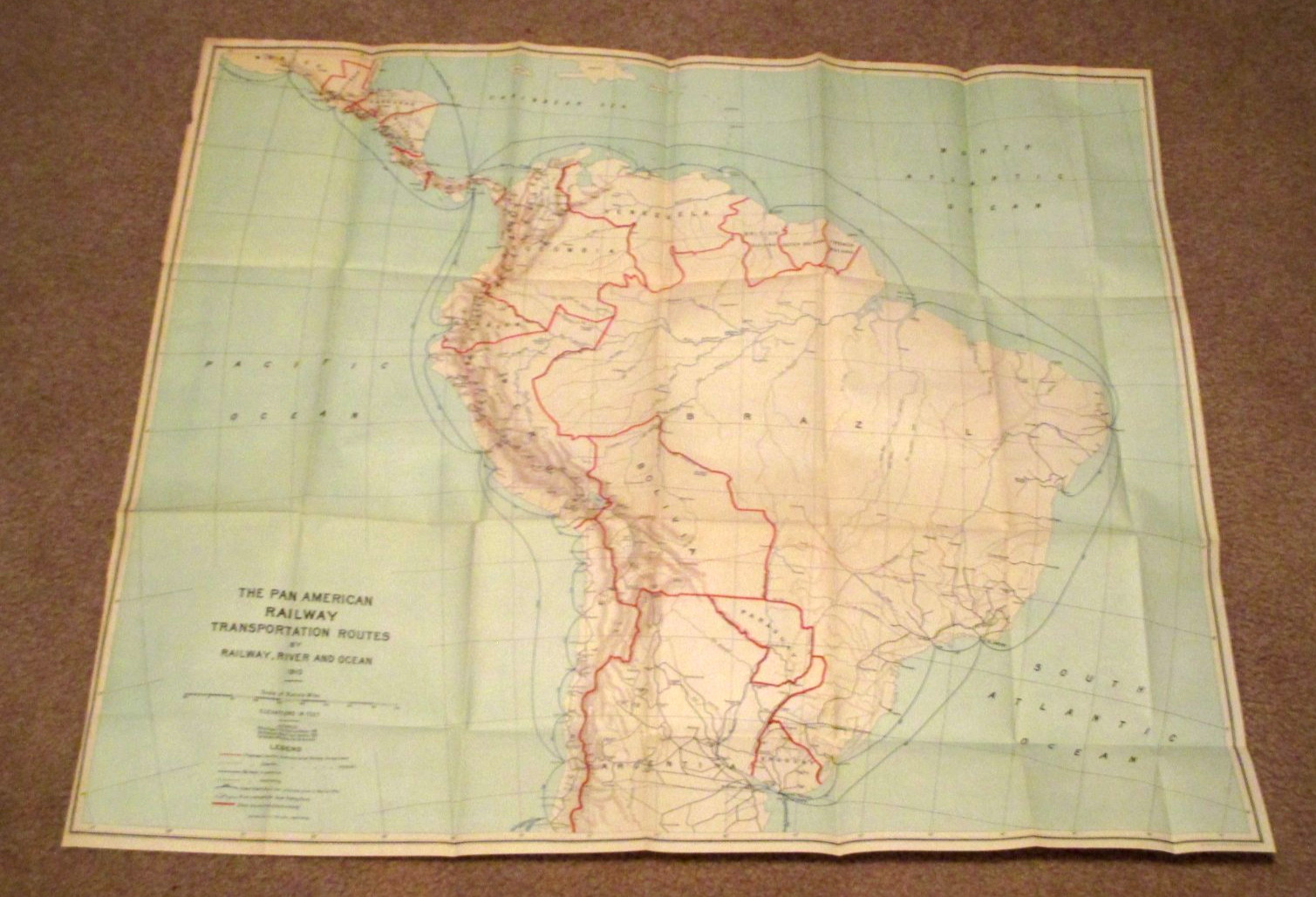 1910- PAN AMERICAN-SOUTH AMERICA- RAILWAY- ROUTE MAP-RAILROAD RIVER-OCEAN-33″
