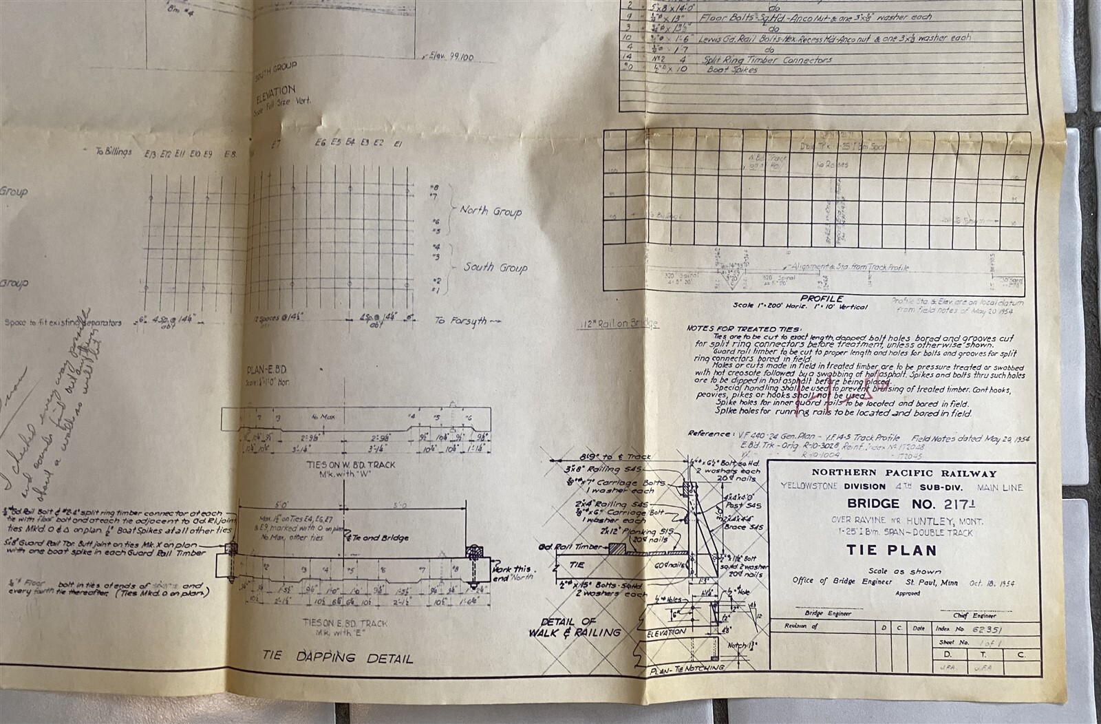 1954 Blueprint Drawing Northern Pacific Railroad Tie Paln Bridge Huntley Montana
