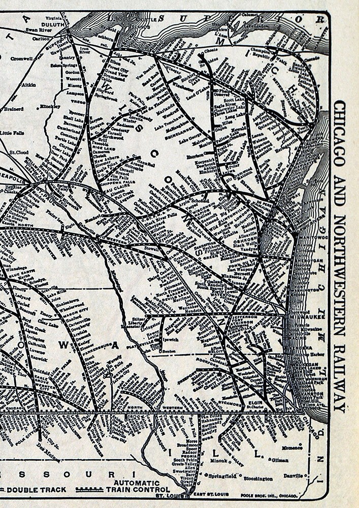 1940 Poole Bros Map North Western Railroad Chicago Line Omaha Duluth Rapid City