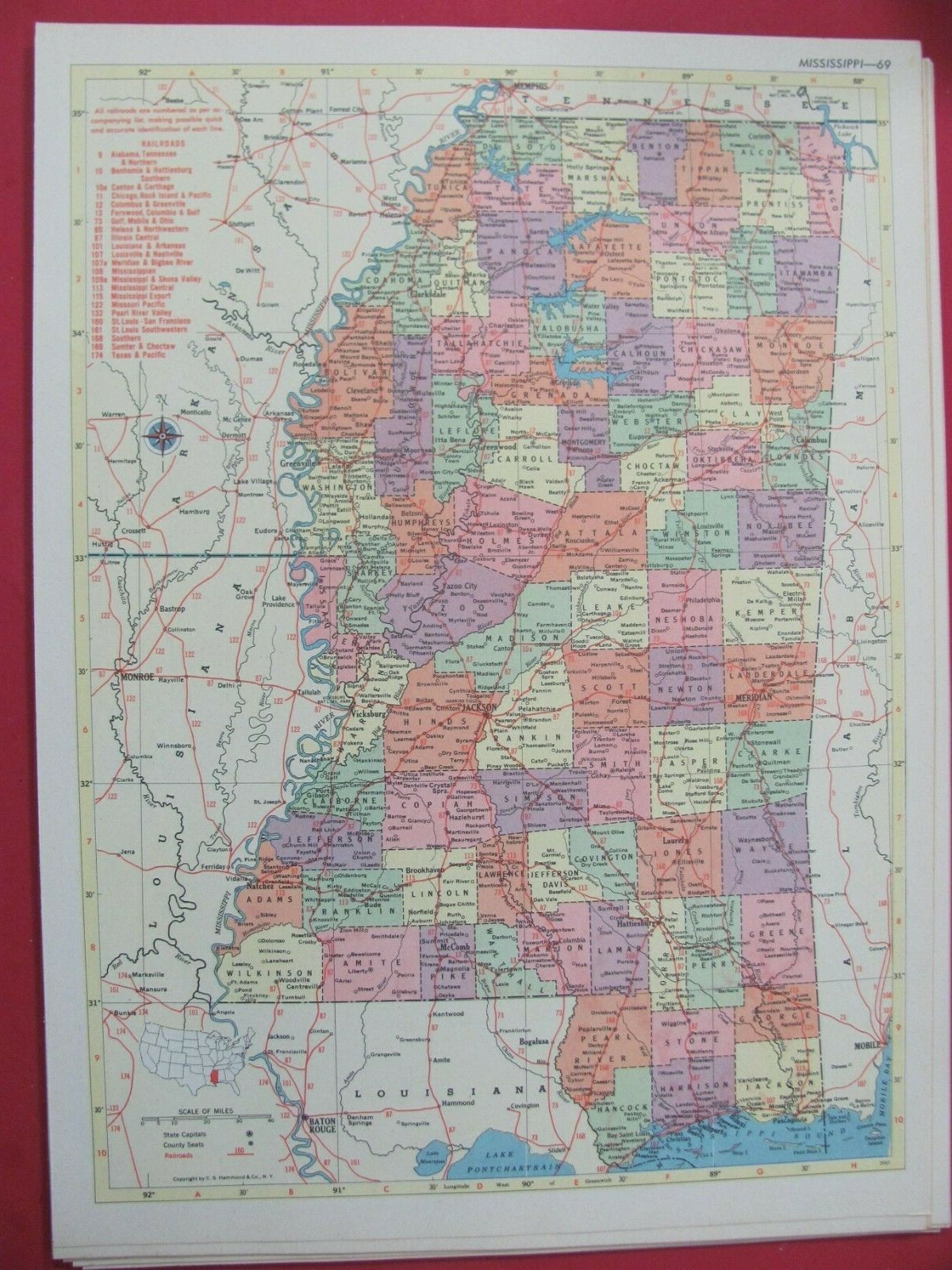 BEARTIFUL 1953 MISSISSIPPI RAILROAD MAP SHOWS & LIST ALL MS RR’s GENEOLOGY TOOL