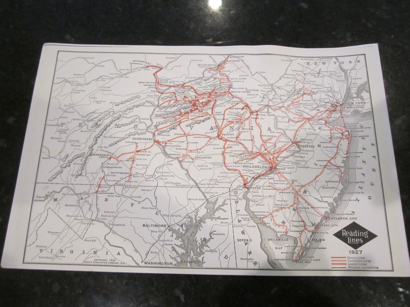 1928 MAP OF READING LINES RAILROAD – 17″ X 11″ – HEAVY STOCK PAPER