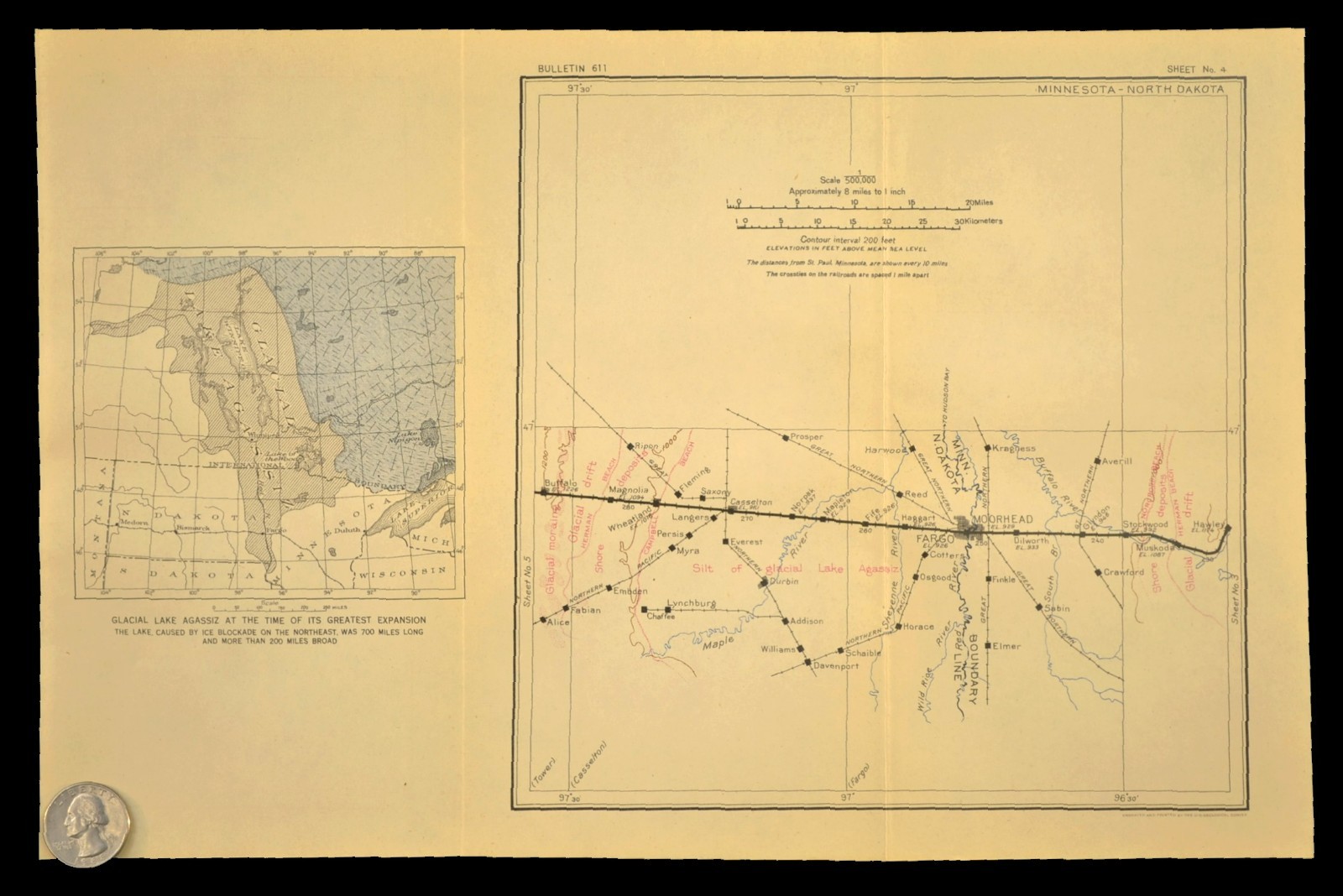 1915 Antique Northern Pacific Railroad Map Fargo North Dakota Moorhead Minnesota