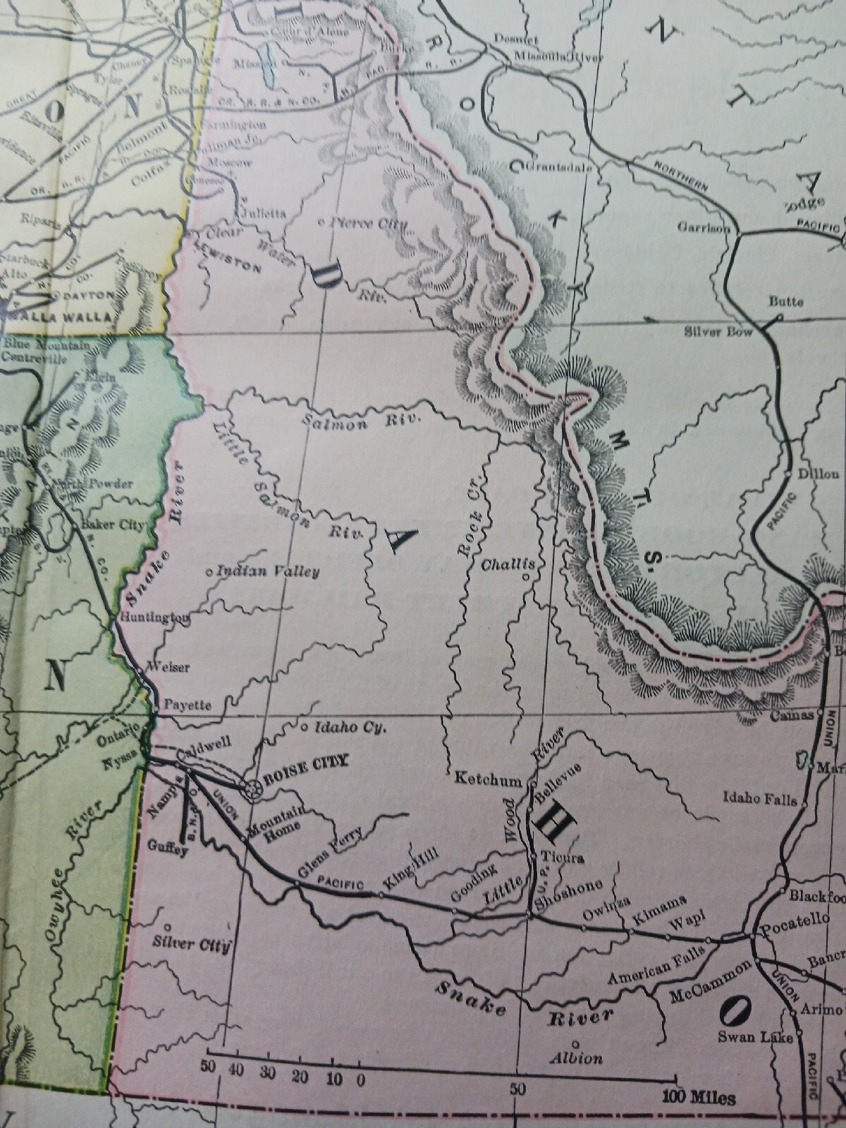 ☆1898 ORIGINAL Railroad Map IDAHO WASHINGTON OREGON All Train Routes 11″x9″