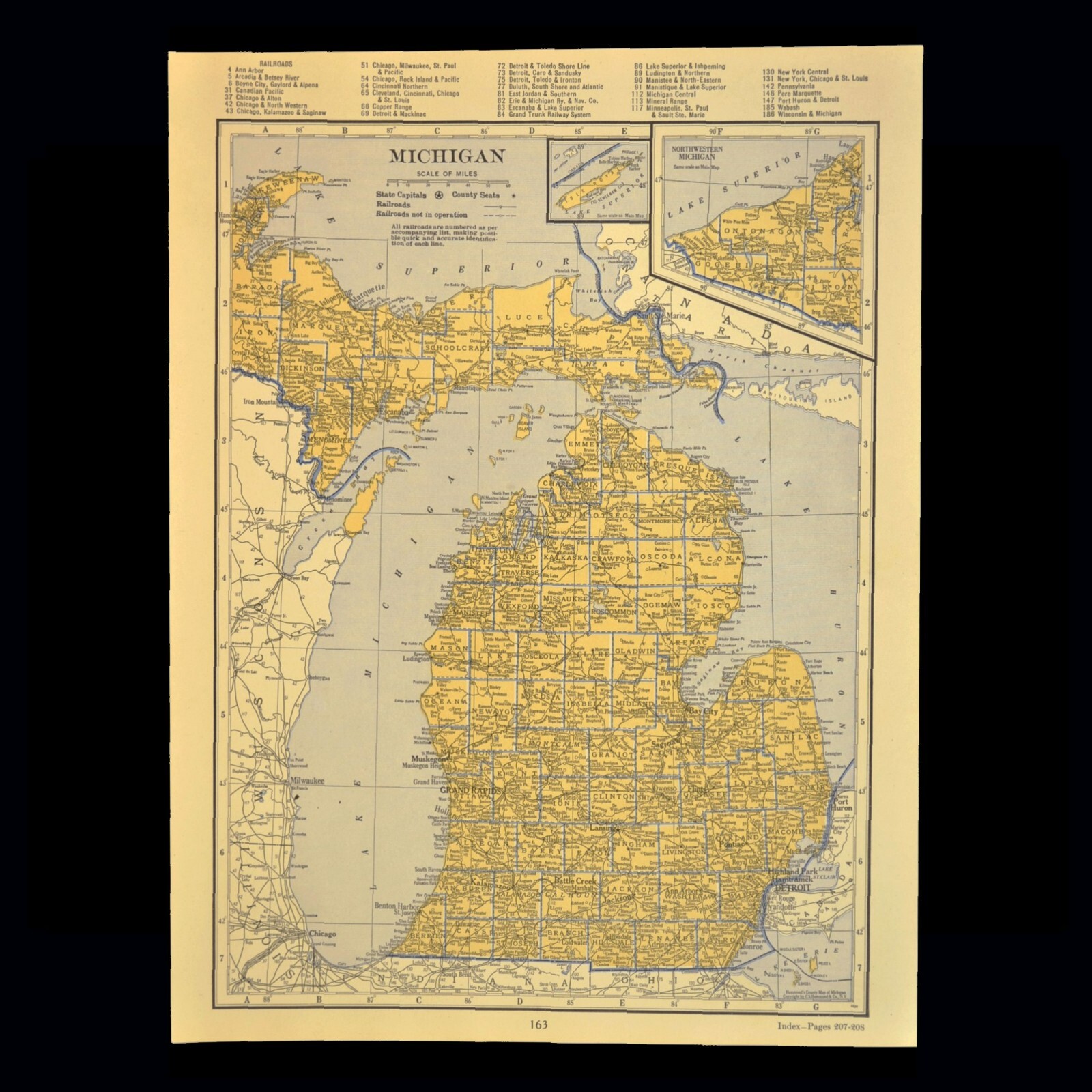 ca1939 MICHIGAN Railroad Map Depot Towns SP RR Historic Original Atlas Map