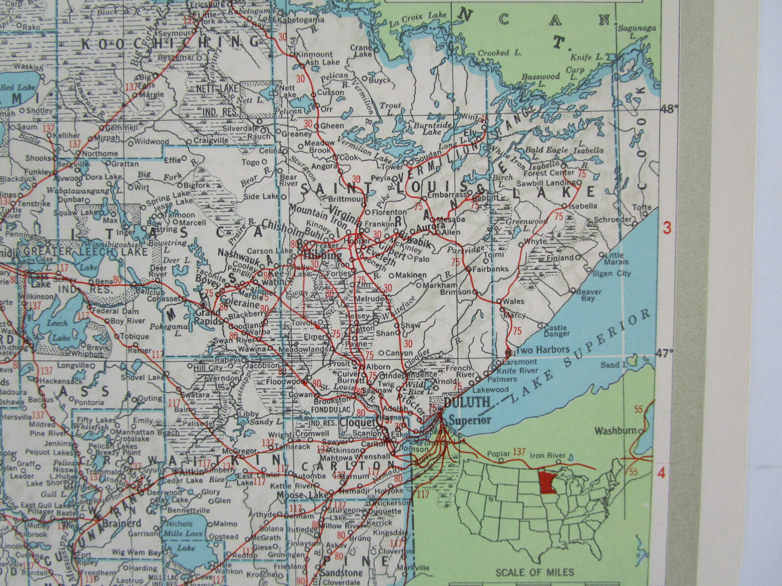 MN MI 1951 MINNESOTA RAILROAD Map DULUTH, SOUTH SHORE, & ATLANTIC RR or MICHIGAN