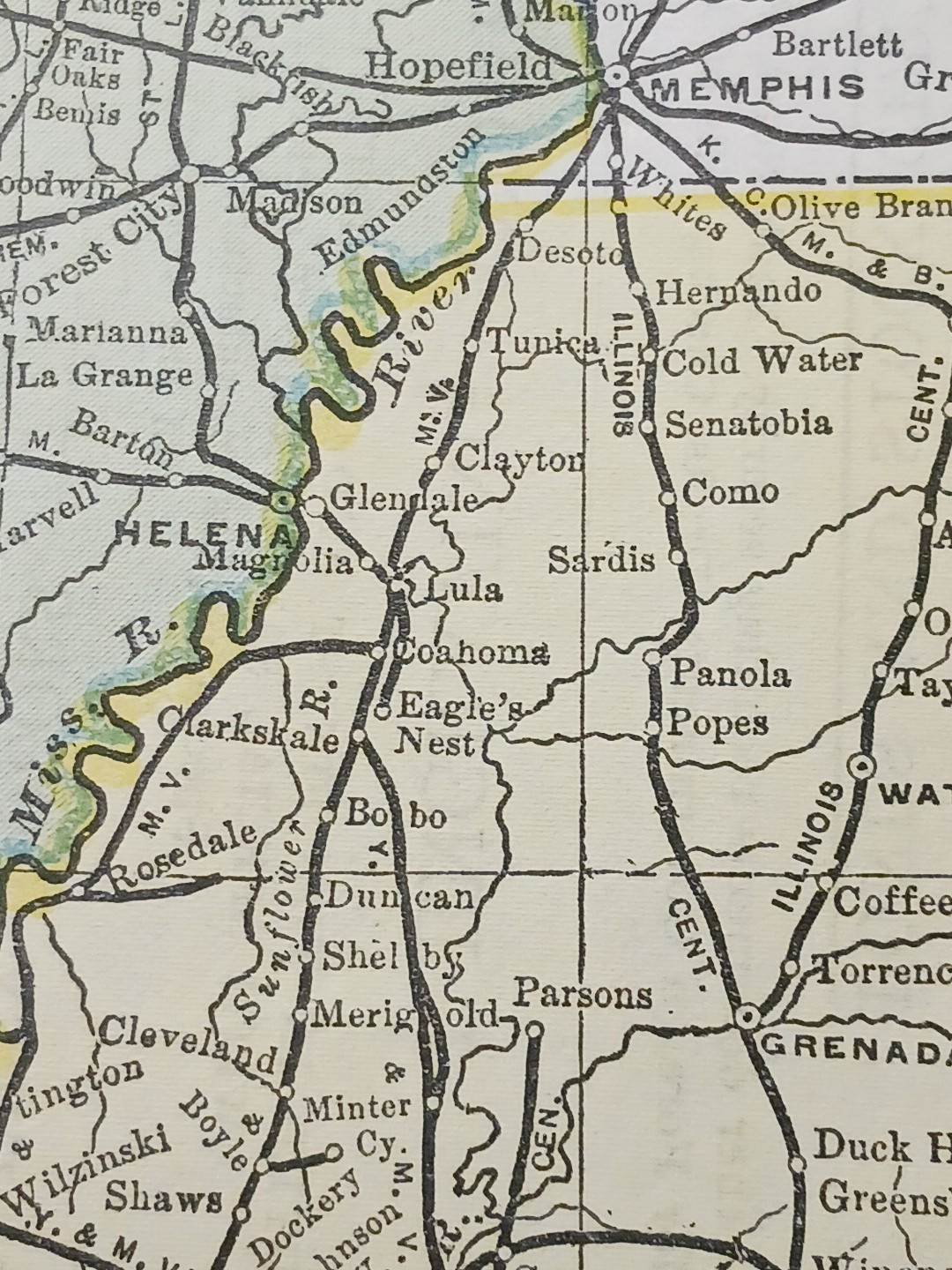 1897 Train Route Map LOUISIANA ARKANSAS MISSISSIPPI all Railroad Lines 9″x 11″