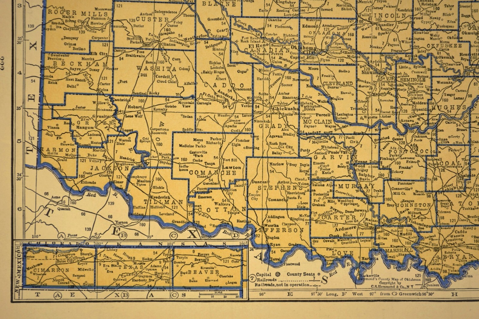 ca1938 OKLAHOMA Railroad Map Depot Towns AT&SF RR Historic Original Atlas Map