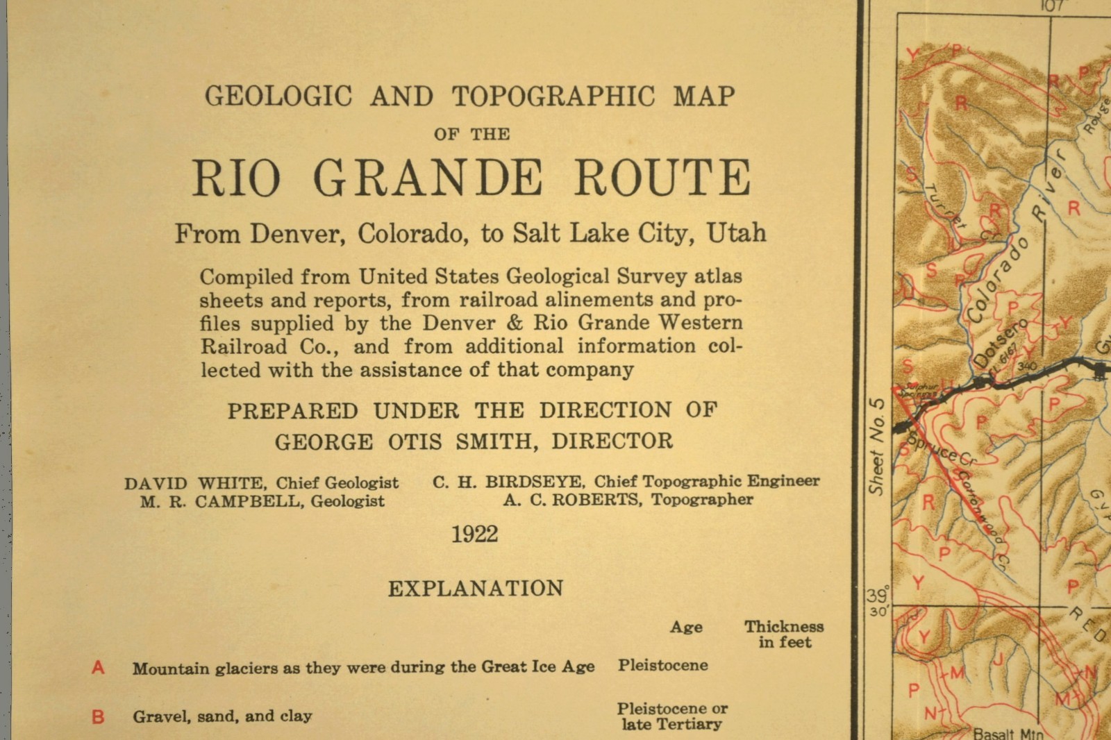1922 Denver Rio Grande RR Map Gypsum Colorado Avon Leadville Tennessee Pass