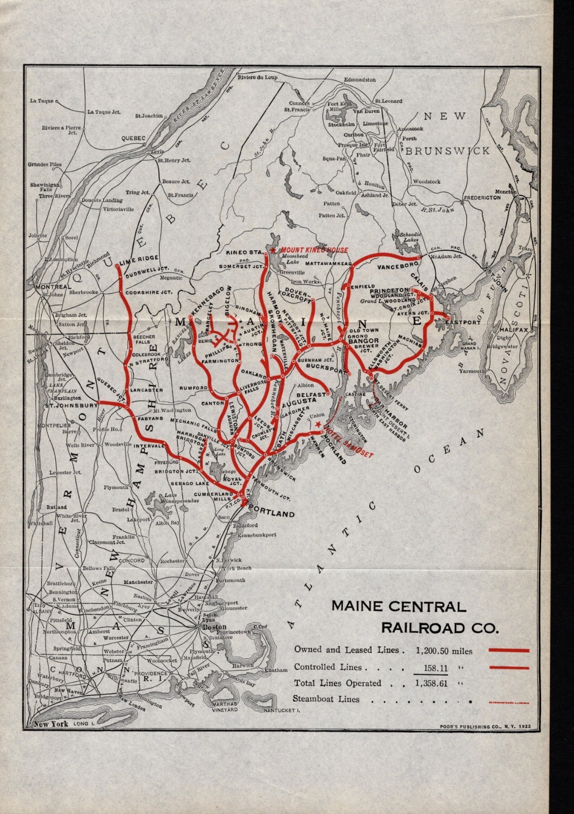 1922 Antique Maine Central Railroad System Map Vintage Railway Map 3122