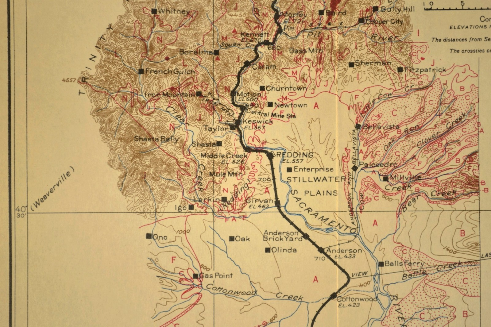 1915 Southern Pacific Railroad Map Redding California Copper Mining Shasta Route