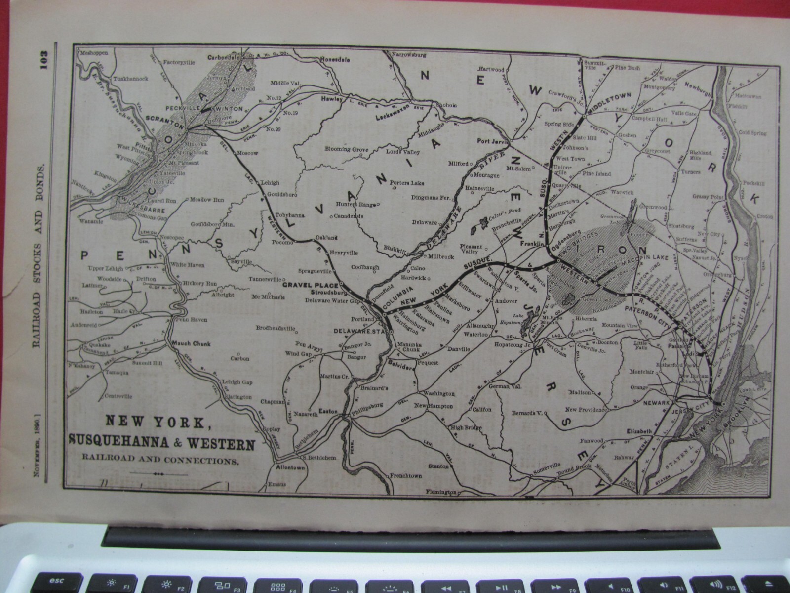 1890 NOV NEW YORK SESQUEHANNA & WESTERN RAILROAD SYSTEM MAP ORIGINAL PA NJ RR’s