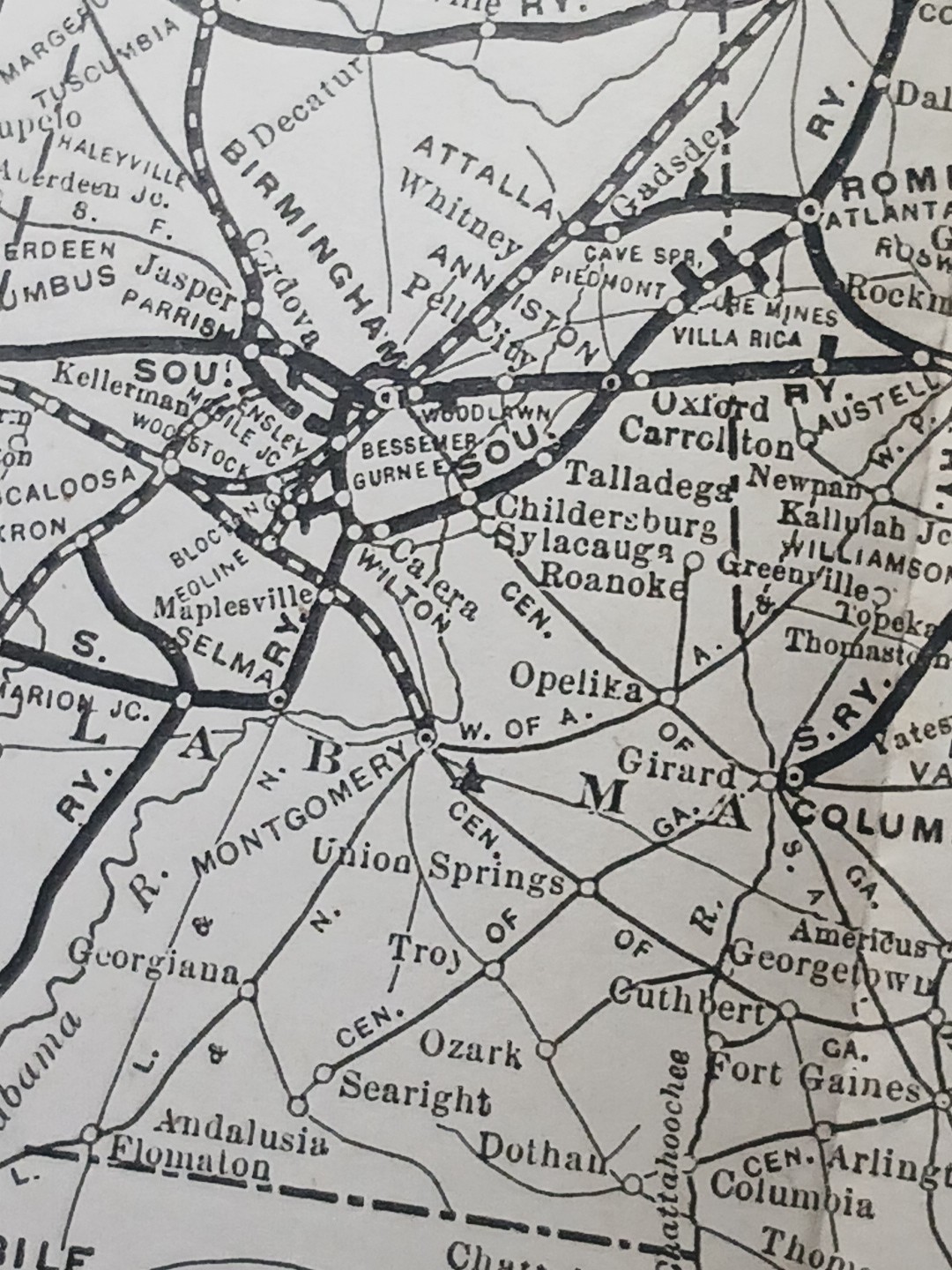 ~1910 railroad Map SOUTHERN RAILWAY and Connections ALL Train routes 9×11″