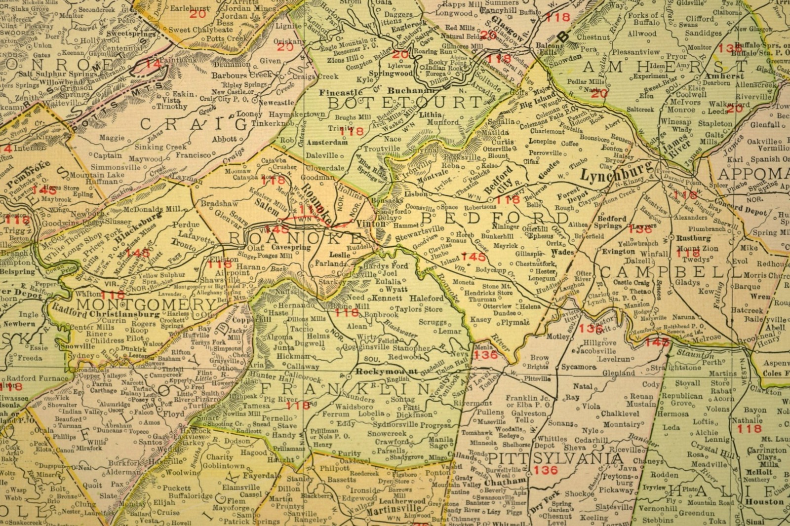 1911 Antique Virginia Railroad Map ORIGINAL Atlas Southern Railway C&O RR DATED